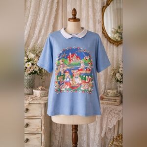Vintage SCOOP Teddy Bear Picnic Graphic Tee Peter Pan Collar Size L